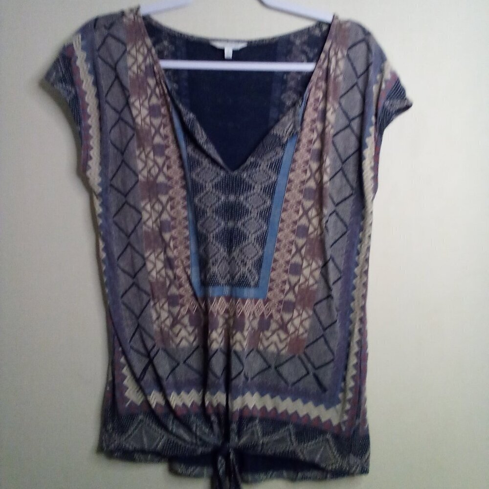 Lucky Brand Shirt Women S Short Sleeve Pattern Boho Blue Tan